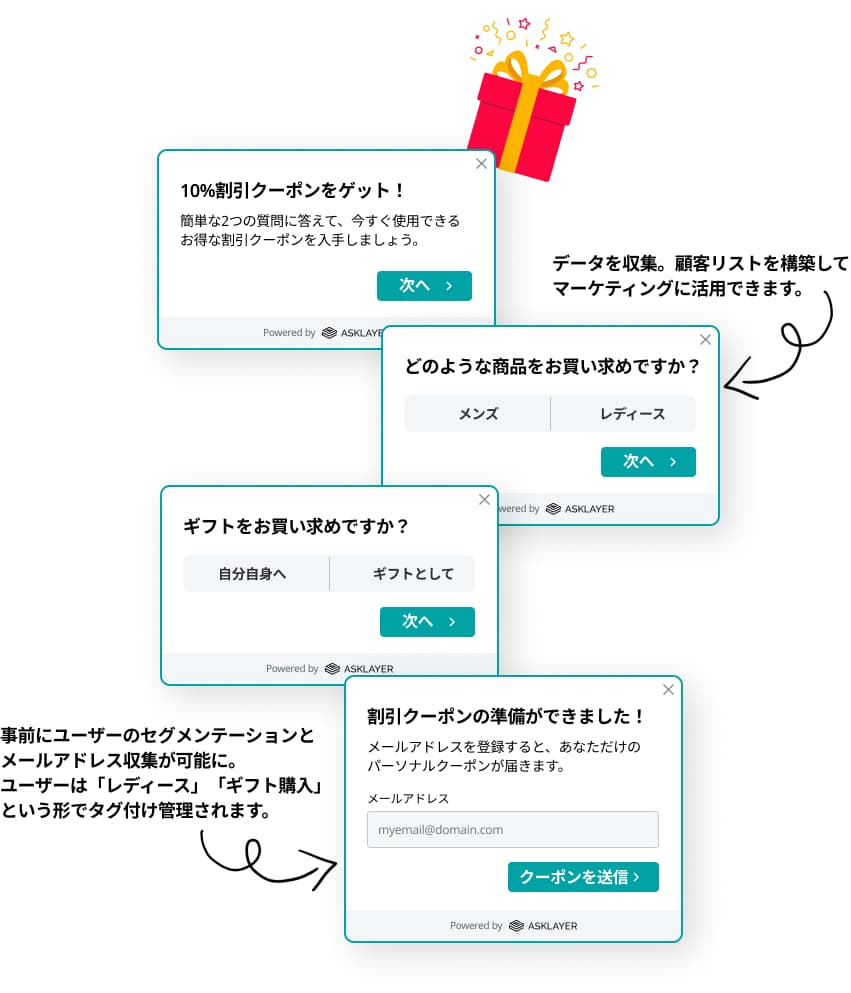 メールアドレス取得とセグメント化を同時に行うアンケートの画面例
