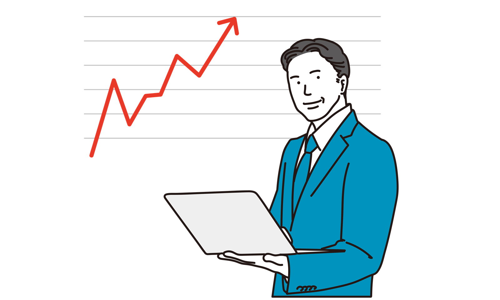 CSAT調査結果で顧客満足を向上させる　男性と右肩上がりのグラフ